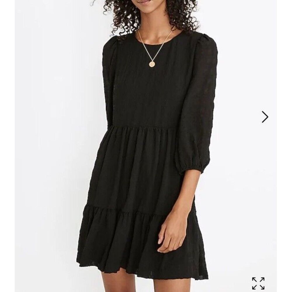 Madewell Puff Sleeve Ruffle Hem Mini Dress Black Women's 8 Plaid Texture $128